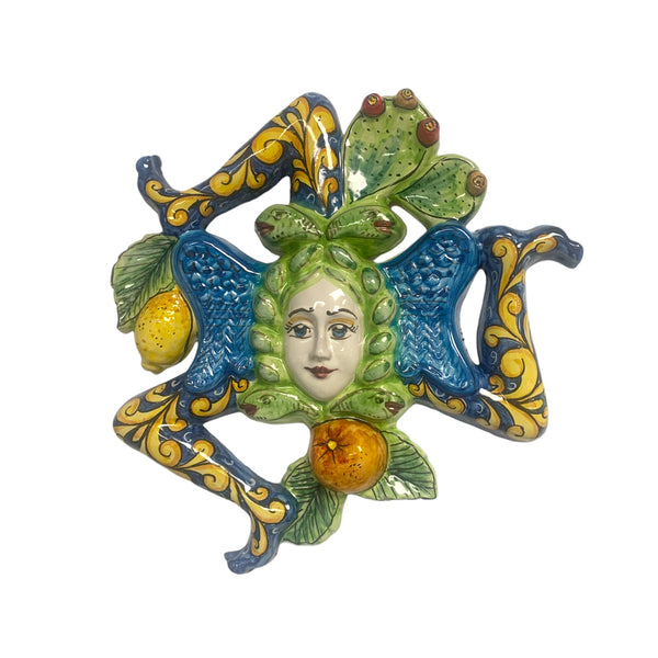 Trinacria in Sicilian ceramic - h 30 x 30 cm approx. Blue Background With Fruit Decoration & Prickly Pear