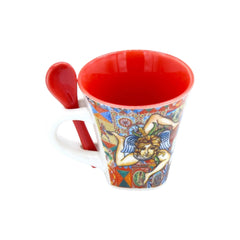 Ceramic Mug With Spoon - h 7 x l 9 cm approx. Embellished With Trinacria and Sicilian Majolica