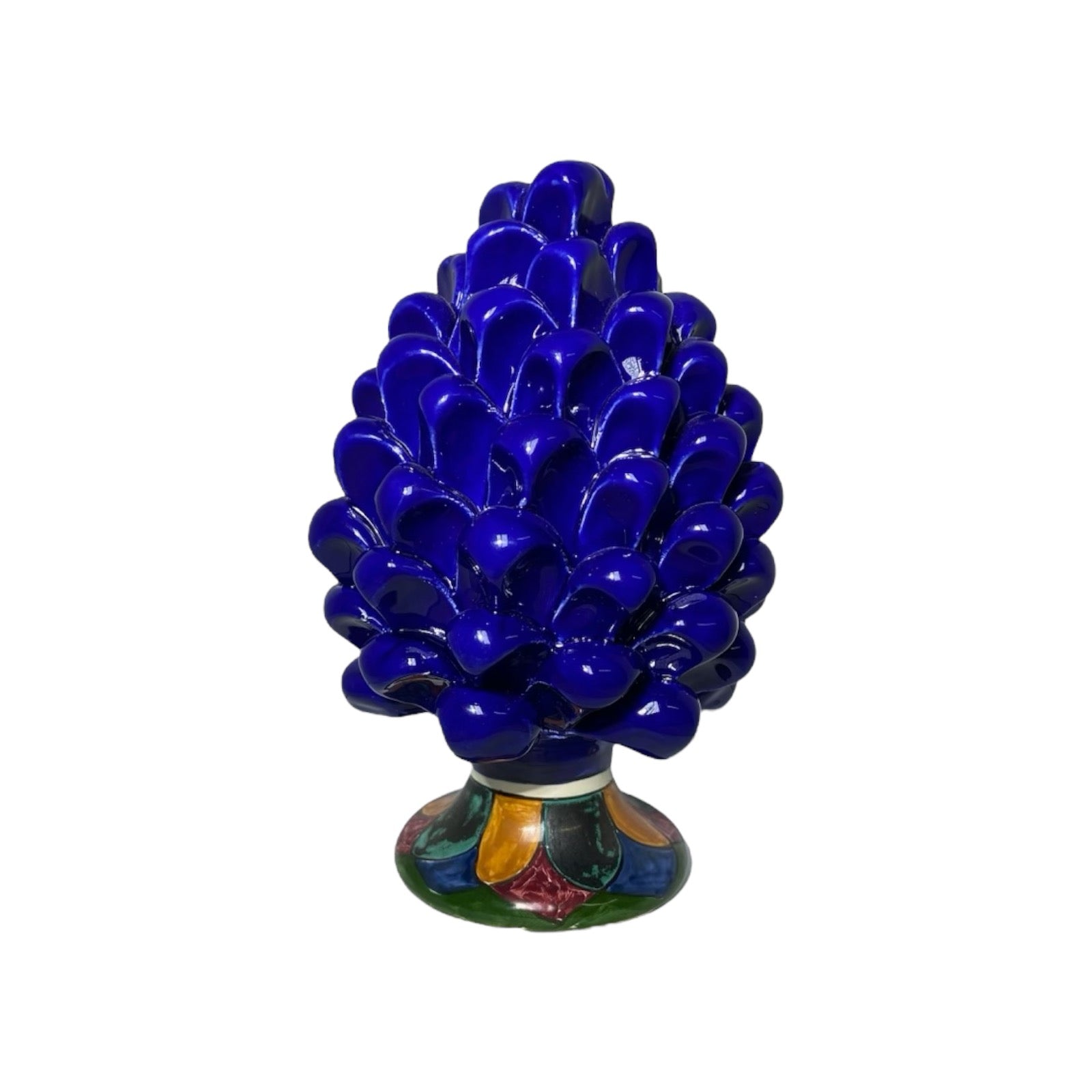 Sicilian Pine Cone in Caltagirone Ceramic Cobalt Blue Color And Decorated Stem h 18 cm