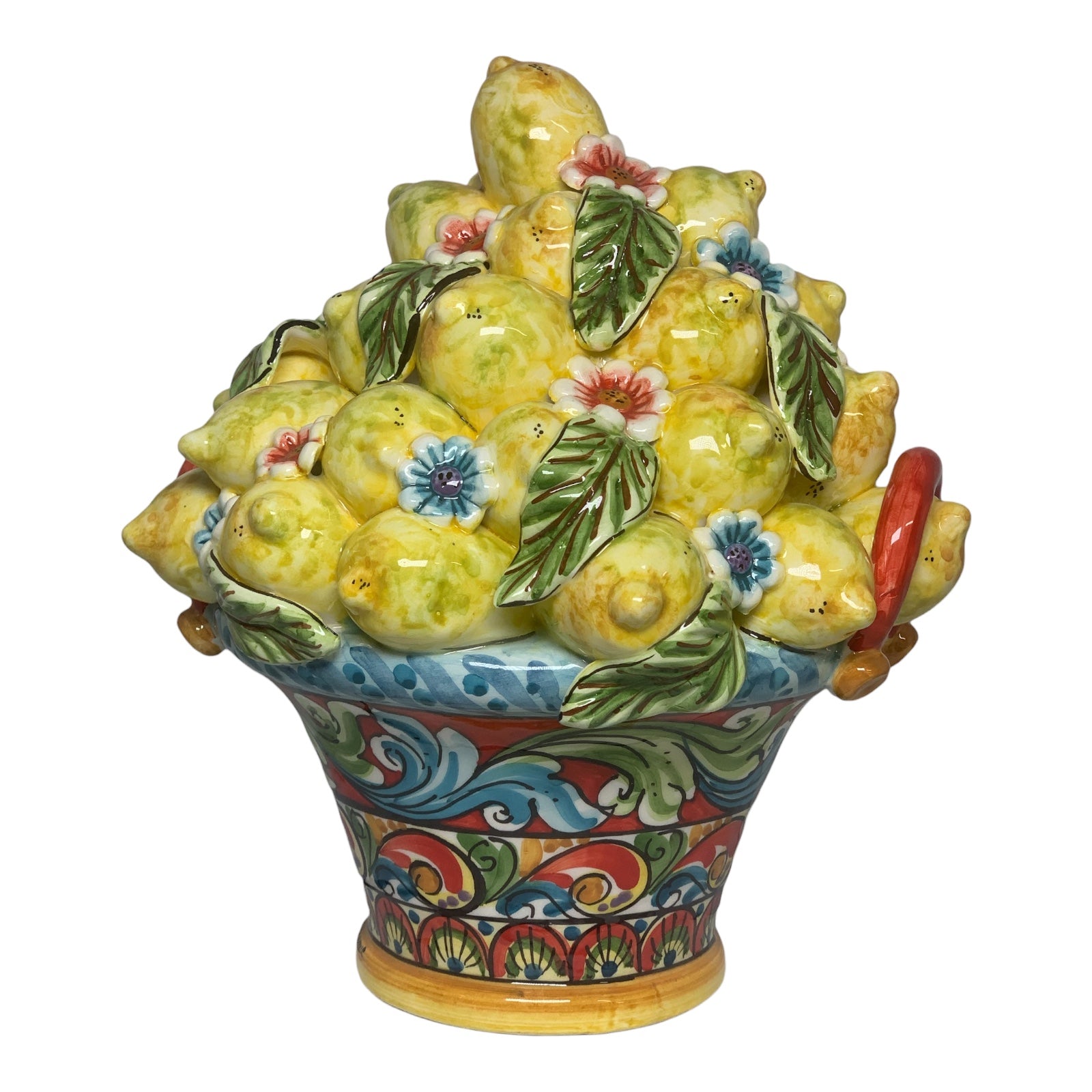 Caltagirone Ceramic Basket, approx. h 30 cm. Multi-Decoration with Lemons, Flowers and Leaves