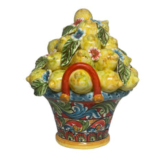Caltagirone Ceramic Basket, approx. h 30 cm. Multi-Decoration with Lemons, Flowers and Leaves