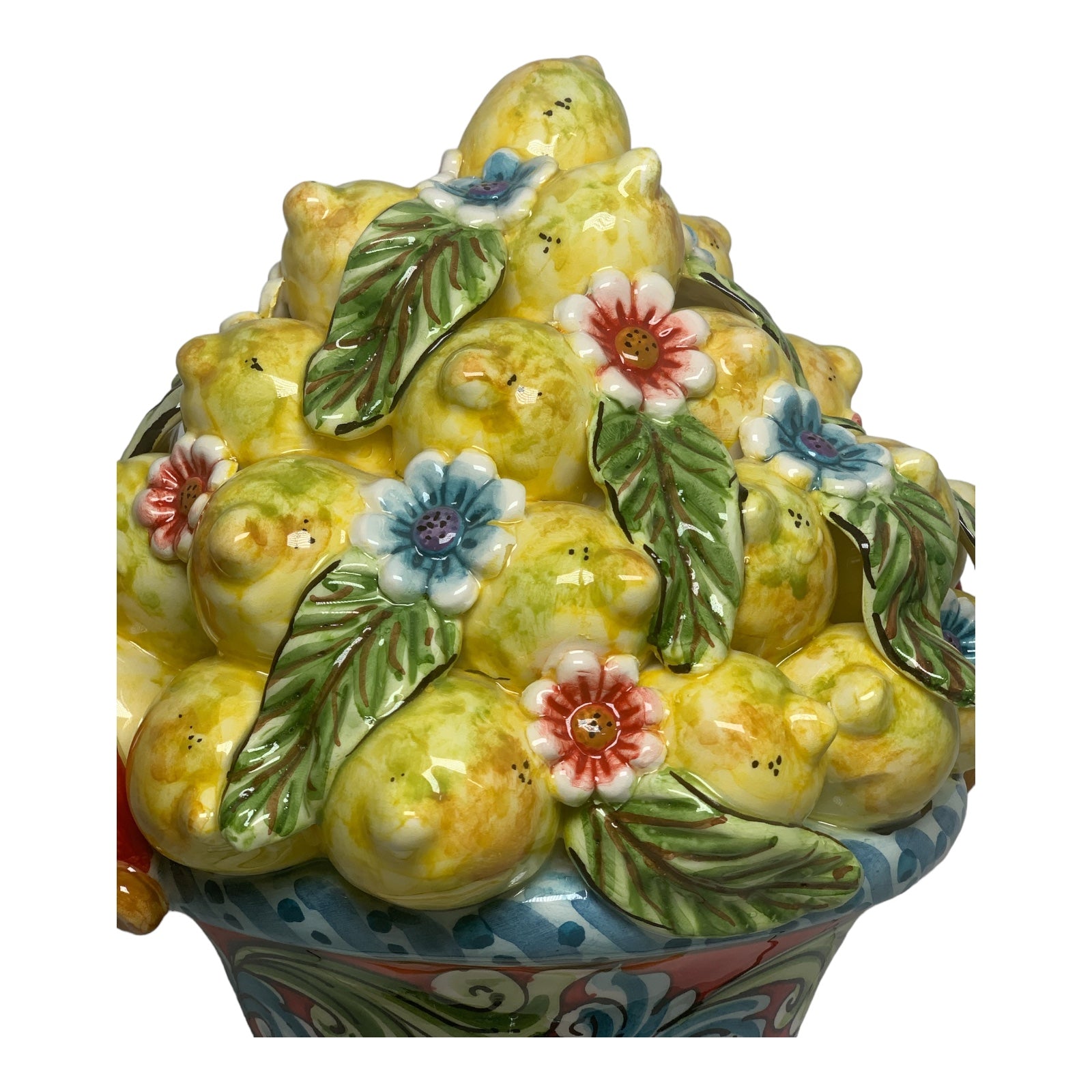 Caltagirone Ceramic Basket, approx. h 30 cm. Multi-Decoration with Lemons, Flowers and Leaves