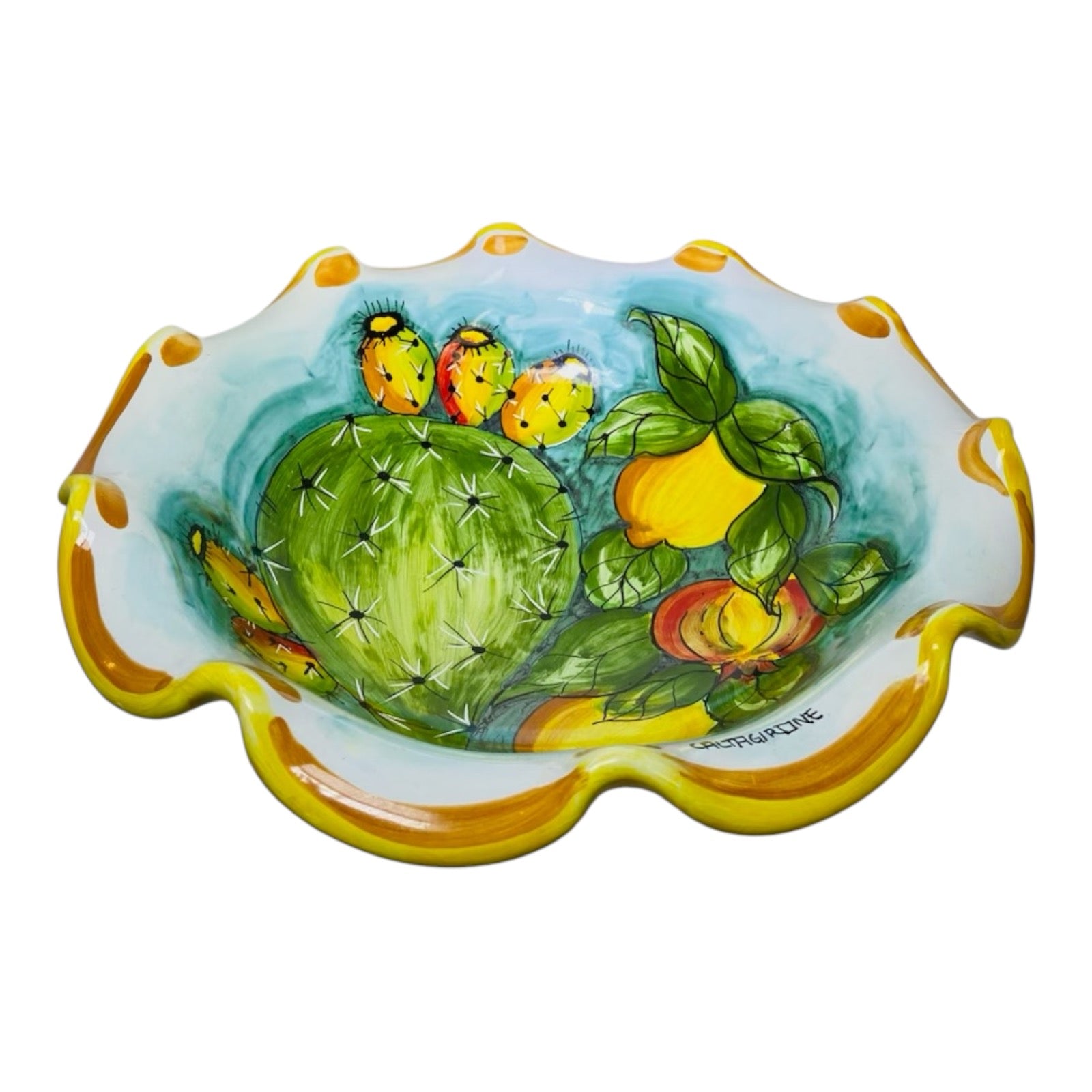 Centerpiece in Caltagirone ceramic scalloped, lemons and fruit decorations, d 30 cm approx.