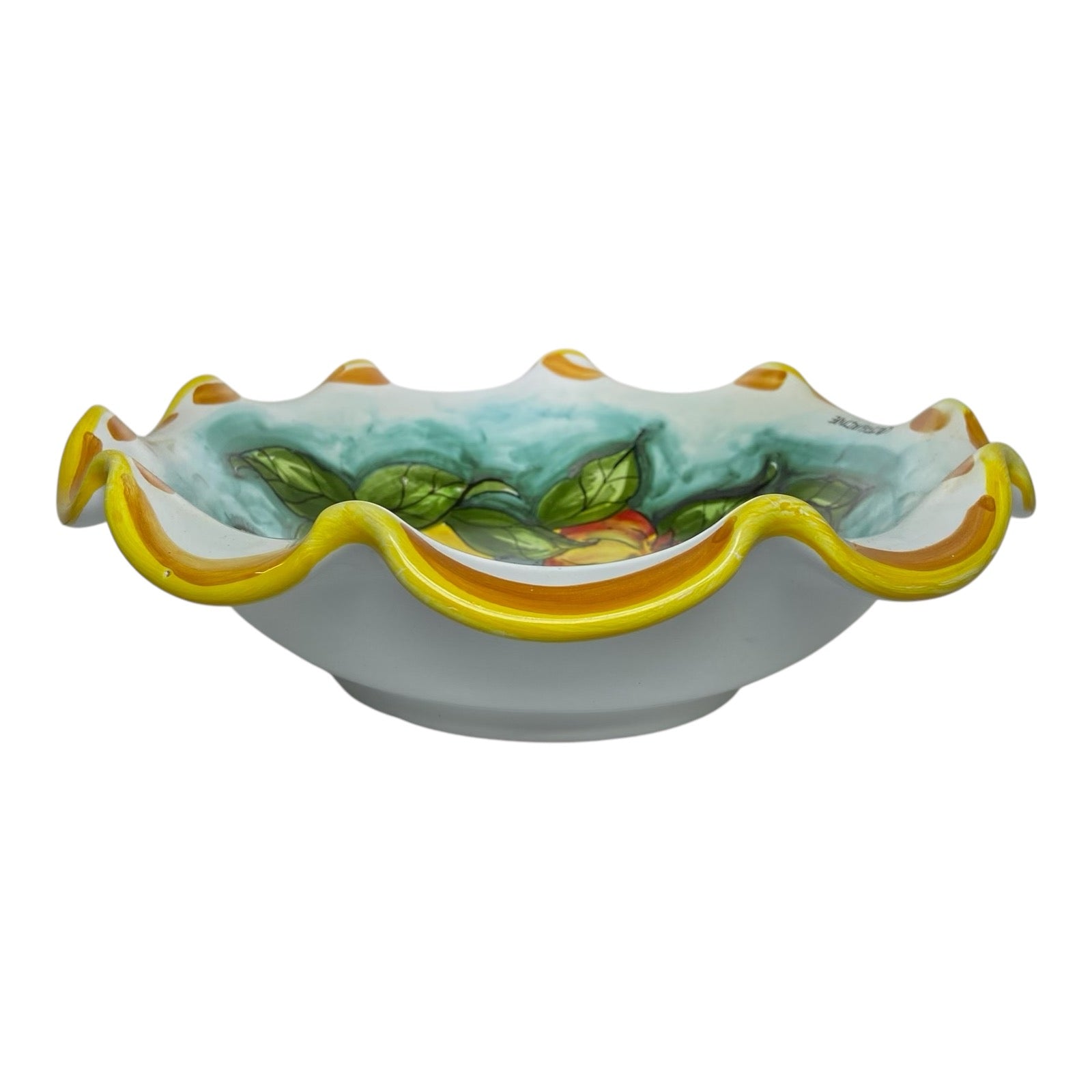 Centerpiece in Caltagirone ceramic scalloped, lemons and fruit decorations, d 30 cm approx.