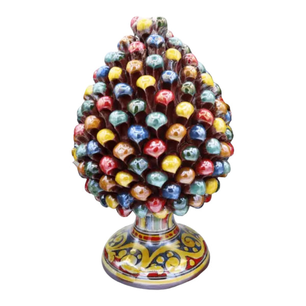 Multicolor Arlecchino Style Pine Cone, in Caltagirone Ceramic With Mother of Pearl Enamel 32cm