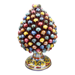 Multicolor Arlecchino Style Pine Cone, in Caltagirone Ceramic With Mother of Pearl Enamel 32cm