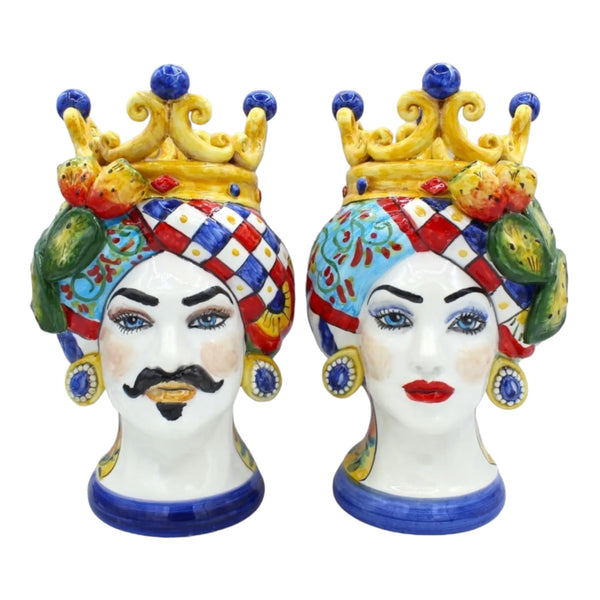 Sicilian Moor Heads (Couple) h approx. 25 cm Caltagirone Ceramic, With Crown, Prickly Pear and Sicilian Cart Decoration