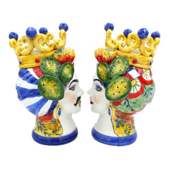 Sicilian Moor Heads (Couple) h approx. 25 cm Caltagirone Ceramic, With Crown, Prickly Pear and Sicilian Cart Decoration