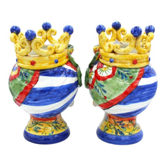 Sicilian Moor Heads (Couple) h approx. 25 cm Caltagirone Ceramic, With Crown, Prickly Pear and Sicilian Cart Decoration