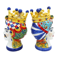 Sicilian Moor Heads (Couple) h approx. 25 cm Caltagirone Ceramic, With Crown, Prickly Pear and Sicilian Cart Decoration