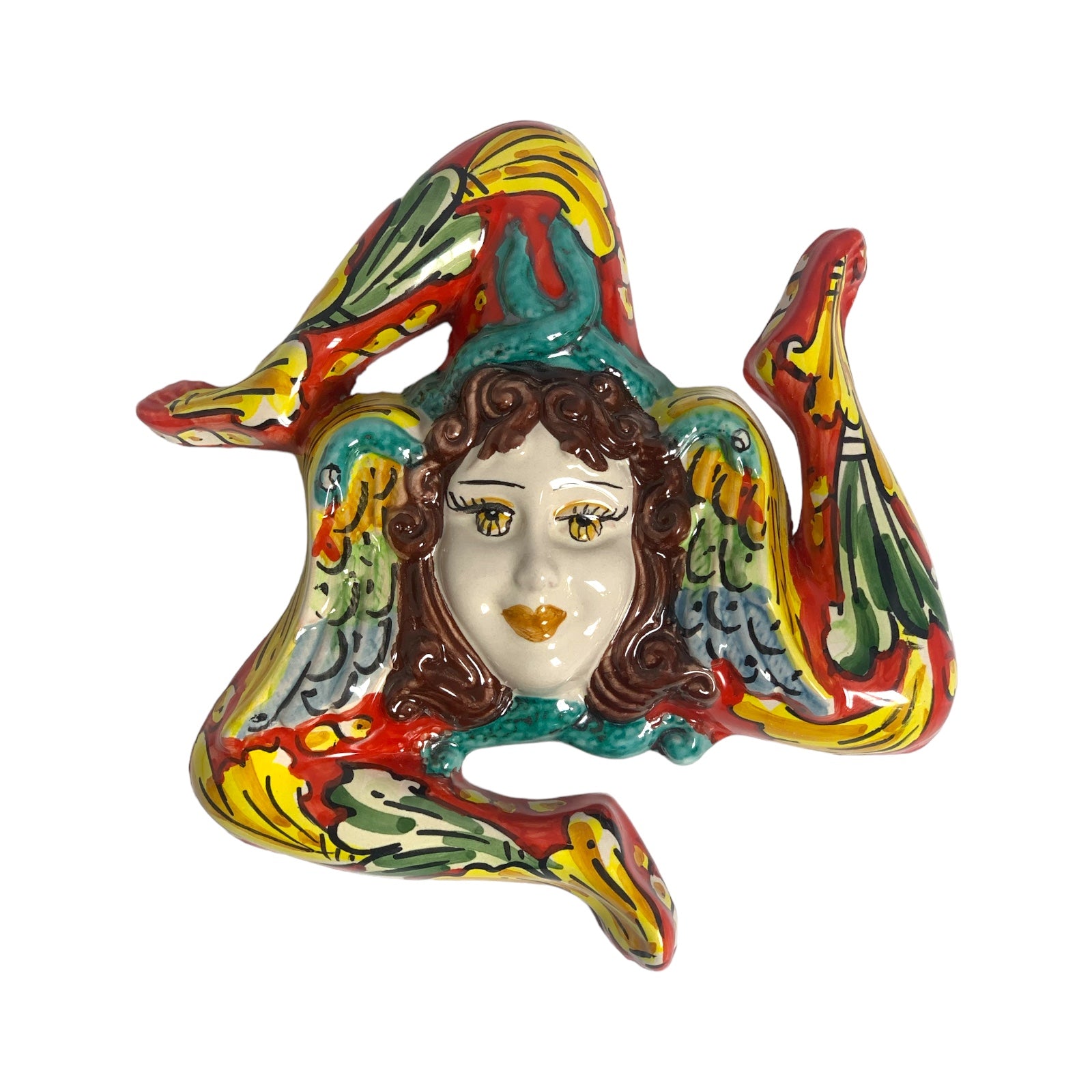 Trinacria in Caltagirone Ceramic, approx. 20 cm. Red Background and Green and Yellow Baroque Ornate Decoration