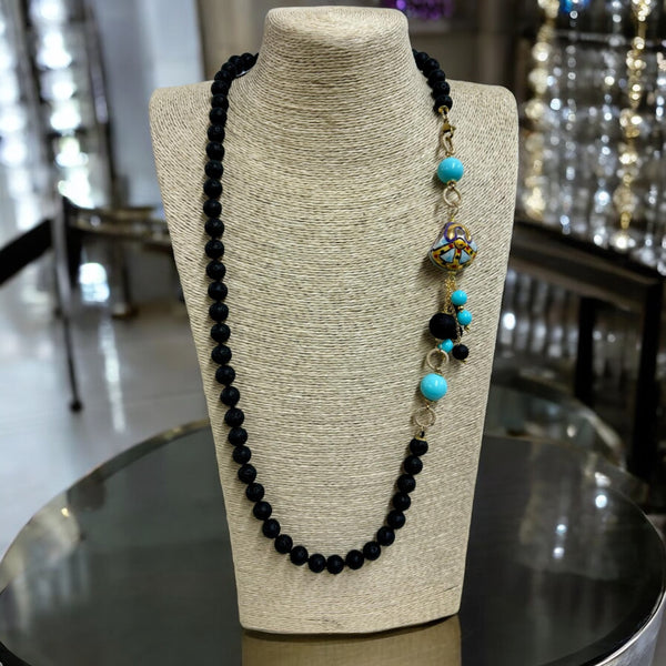 Lava Stone Etna Sicily Necklace, Handmade, With Turquoise Sicilian Coffa