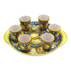 Limoncello Set for 6 People in Caltagirone Ceramic, Round Tray, L 26 x 23 cm approx.