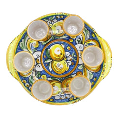 Limoncello Set for 6 People in Caltagirone Ceramic, Round Tray, L 26 x 23 cm approx.