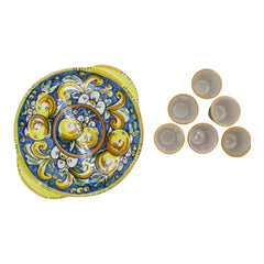 Limoncello Set for 6 People in Caltagirone Ceramic, Round Tray, L 26 x 23 cm approx.