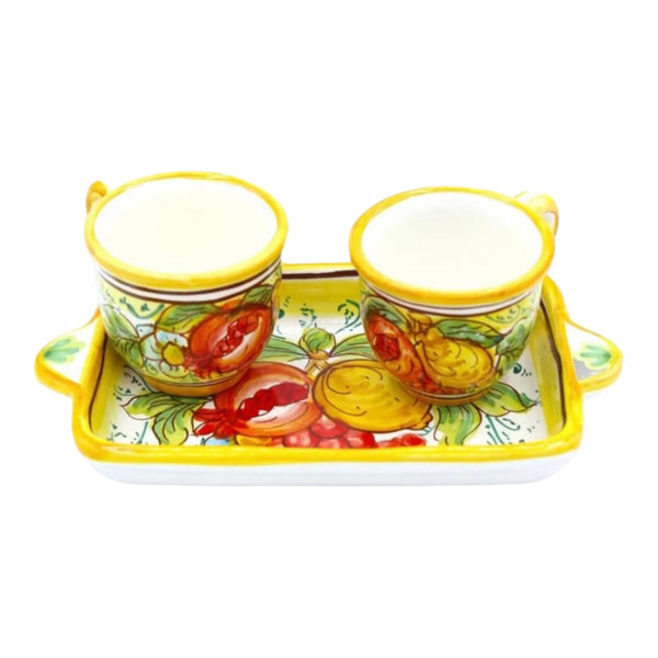 Coffee Set, Two Cups & Tray in Caltagirone Ceramic , Pomegranate , Lemons & Grapes Decoration