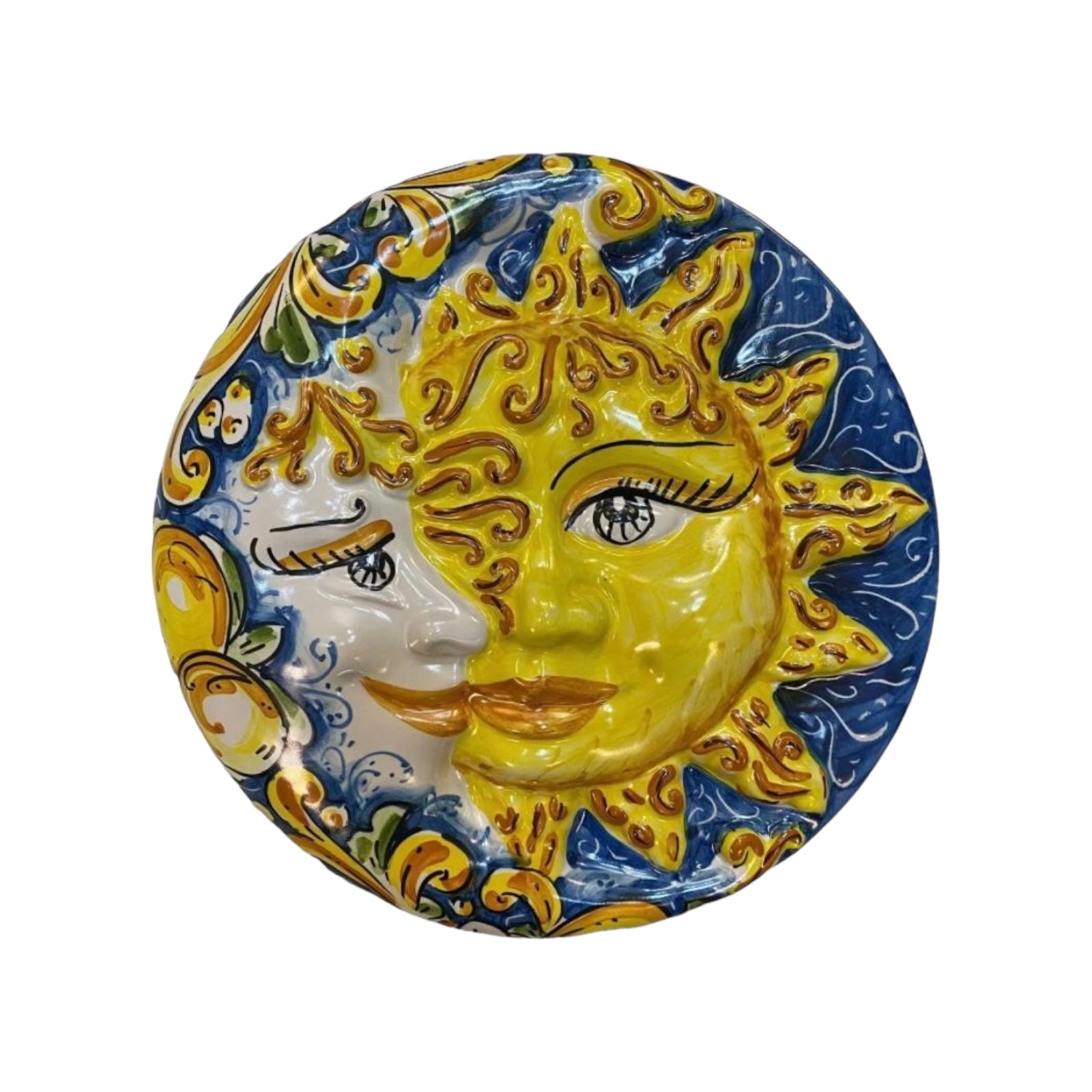 Eclipse, Sun and Moon Caltagirone Ceramic Disc, Ø approx. 25 cm. with Baroque and Lemons Decoration on a Blue Background