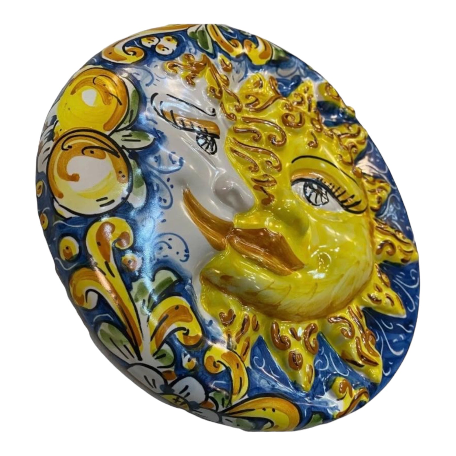 Eclipse, Sun and Moon Caltagirone Ceramic Disc, Ø approx. 25 cm. with Baroque and Lemons Decoration on a Blue Background