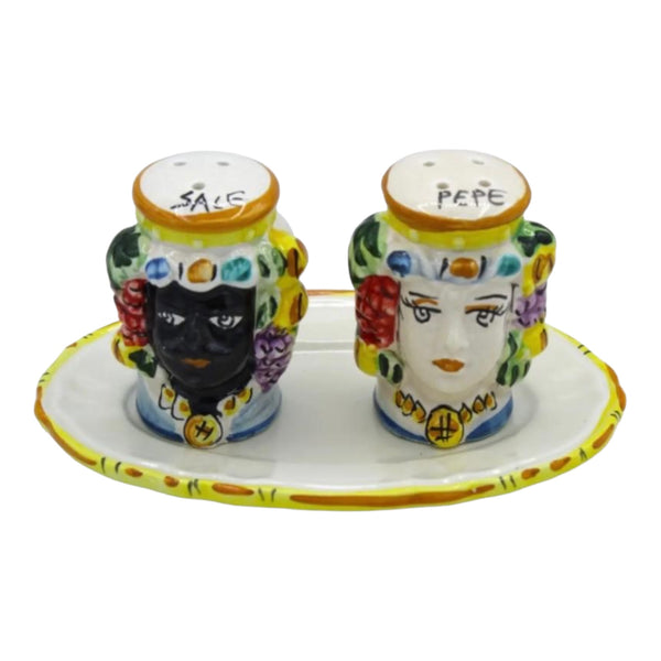 Teste Di Moro Salt and Pepper Set With Tray, Caltagirone Ceramic