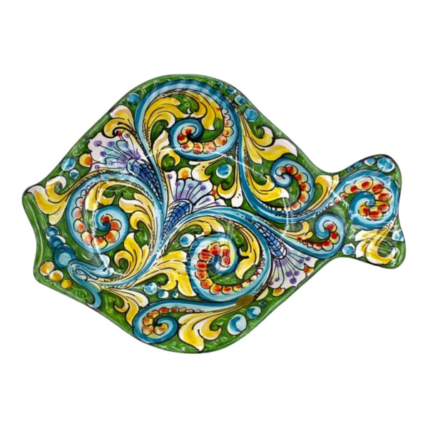 Flat fish serving tray in Caltagirone ceramic, L 40 x 30 cm approx. Multicolored Baroque Decoration , Green Background