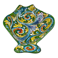 Flat fish serving tray in Caltagirone ceramic, L 40 x 30 cm approx. Multicolored Baroque Decoration , Green Background