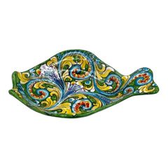 Flat fish serving tray in Caltagirone ceramic, L 40 x 30 cm approx. Multicolored Baroque Decoration , Green Background