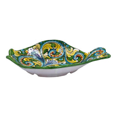 Flat fish serving tray in Caltagirone ceramic, L 40 x 30 cm approx. Multicolored Baroque Decoration , Green Background