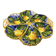 Shell Appetizer with Six Compartments, in fine Sicilian Ceramic , L 30 x 30 cm approx. Lemon Decoration