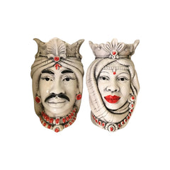 Pair of Moorish heads in fine Caltagirone ceramic. Entirely decorated by hand. Height about 13 cm.