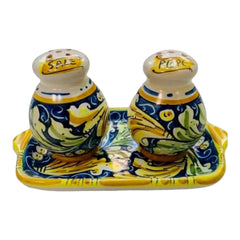 Salt and Pepper Shaker with Tray in fine Caltagirone ceramic - Measures 20x10 cm