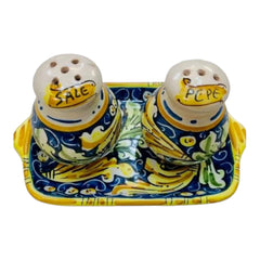 Salt and Pepper Shaker with Tray in fine Caltagirone ceramic - Measures 20x10 cm