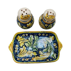 Salt and Pepper Shaker with Tray in fine Caltagirone ceramic - Measures 20x10 cm