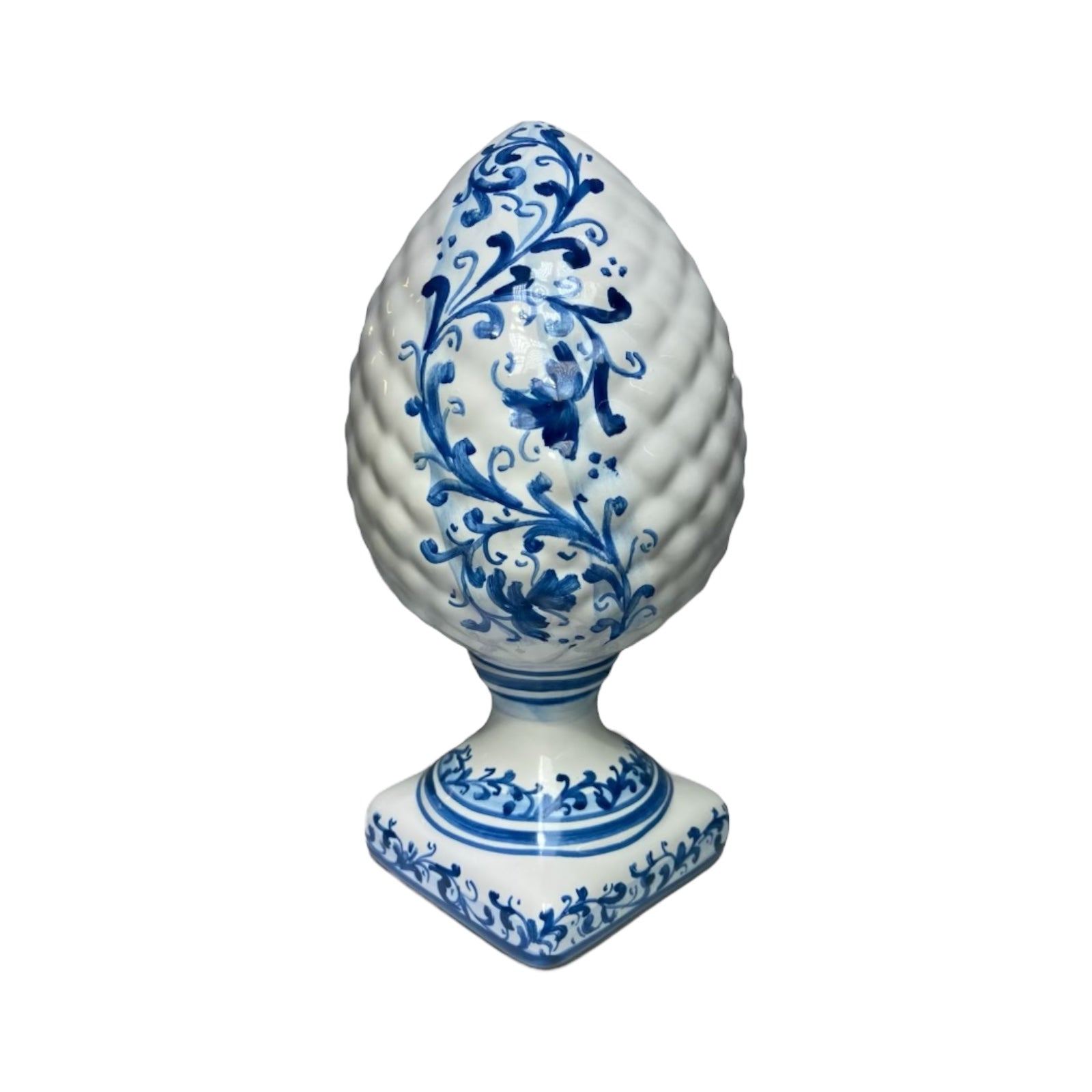 Caltagirone Ceramic Pine Cone With Decorated Square Base, White With Blue Floral Decoration