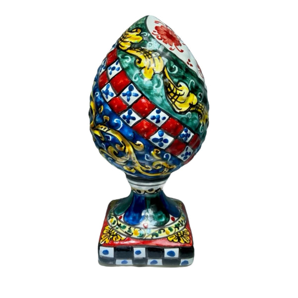 Sicilian Ceramic Pine Cone with Decorated Square Base, Sicilian Cart Decoration 22cm.