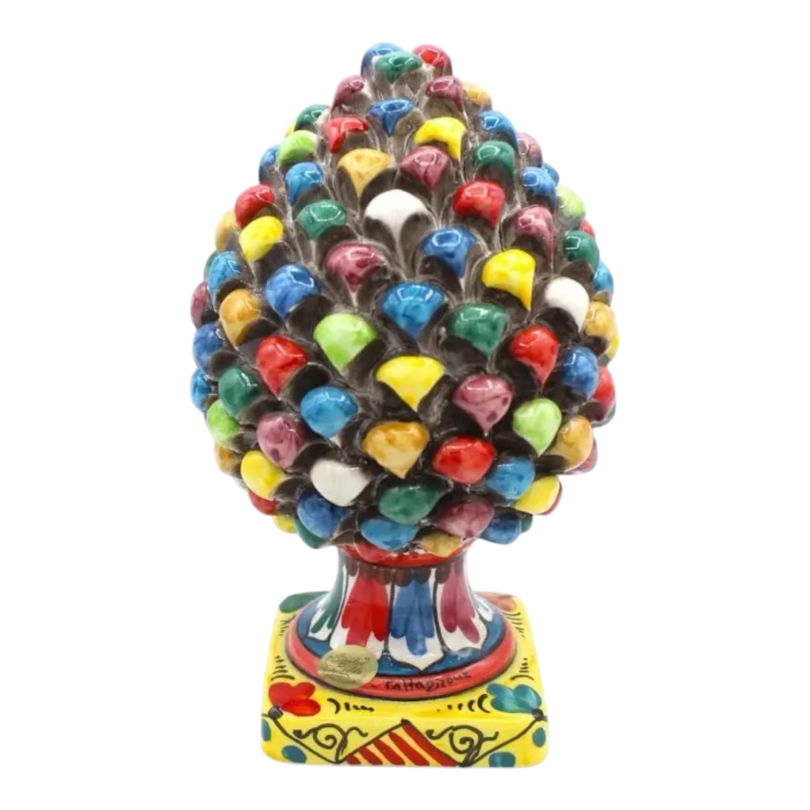 Caltagirone Ceramic Pine Cone with Decorated Square Base, Multicolored  23cm.