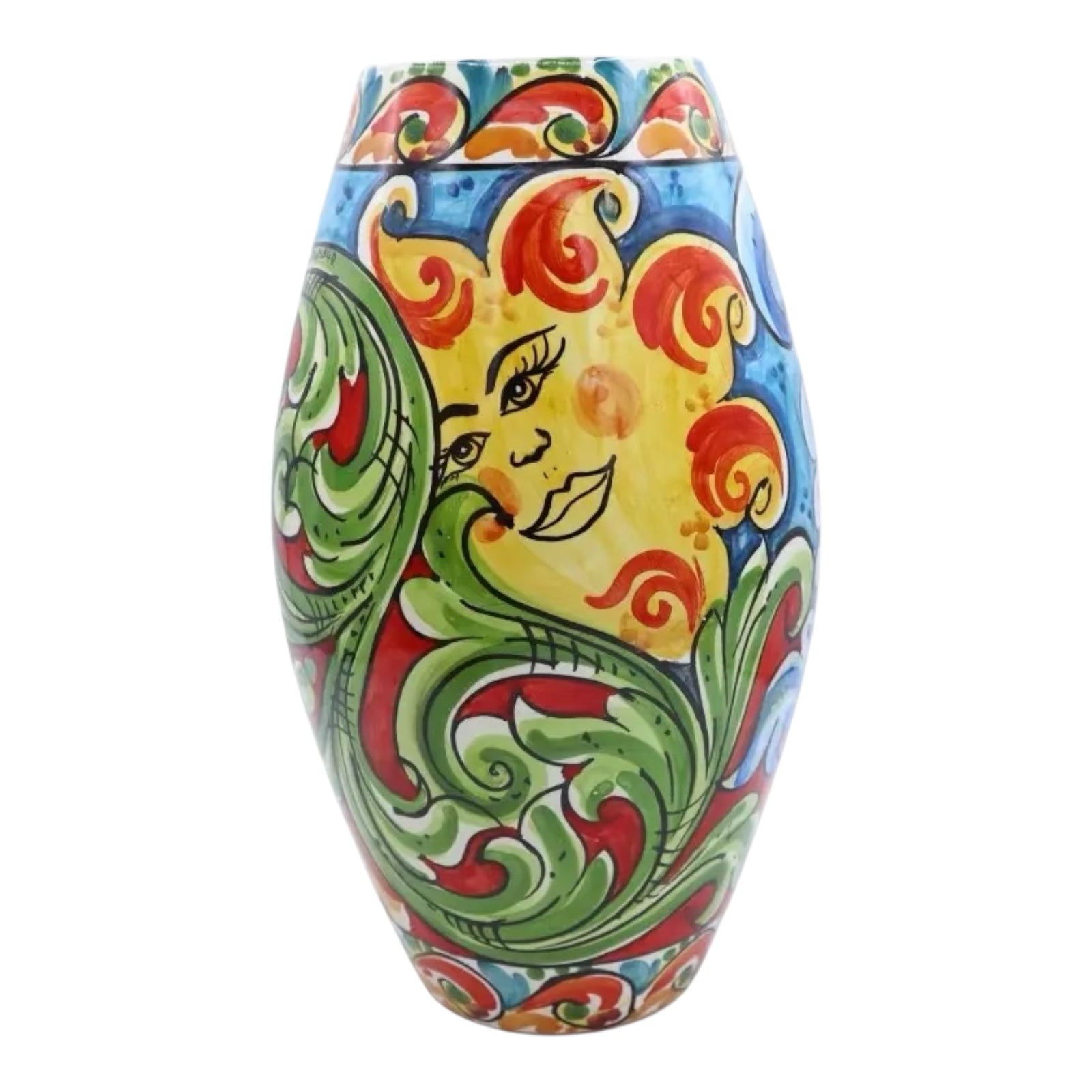 Caltagirone Ceramic Vase, Baroque Decoration , Sun, Cart Wheel and Prickly Pear Shovel, h 30 cm approx.