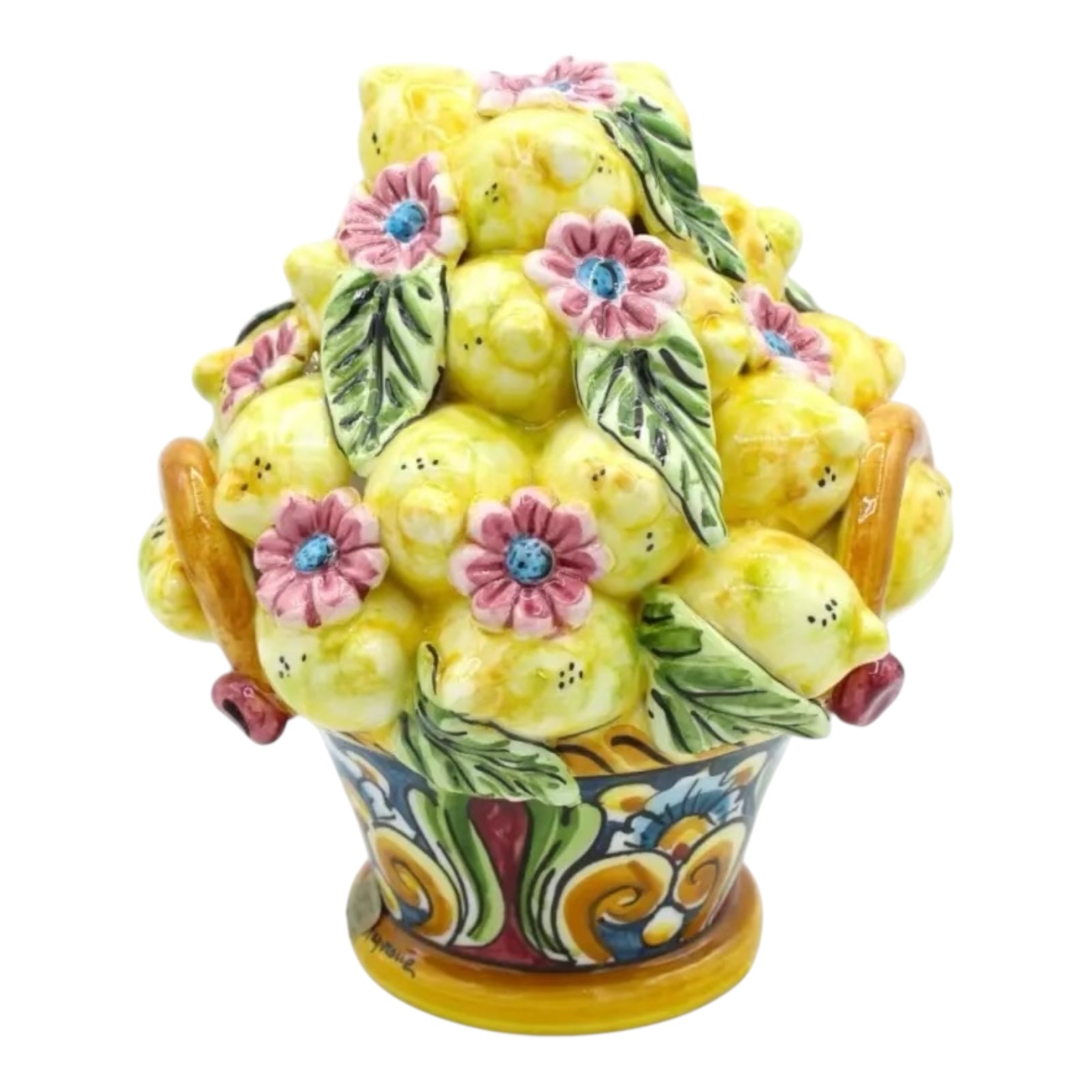 Caltagirone Ceramic Centerpiece Basket, h approx. 20 cm. Multi-decoration with Application of Lemons, Flowers and Leaves