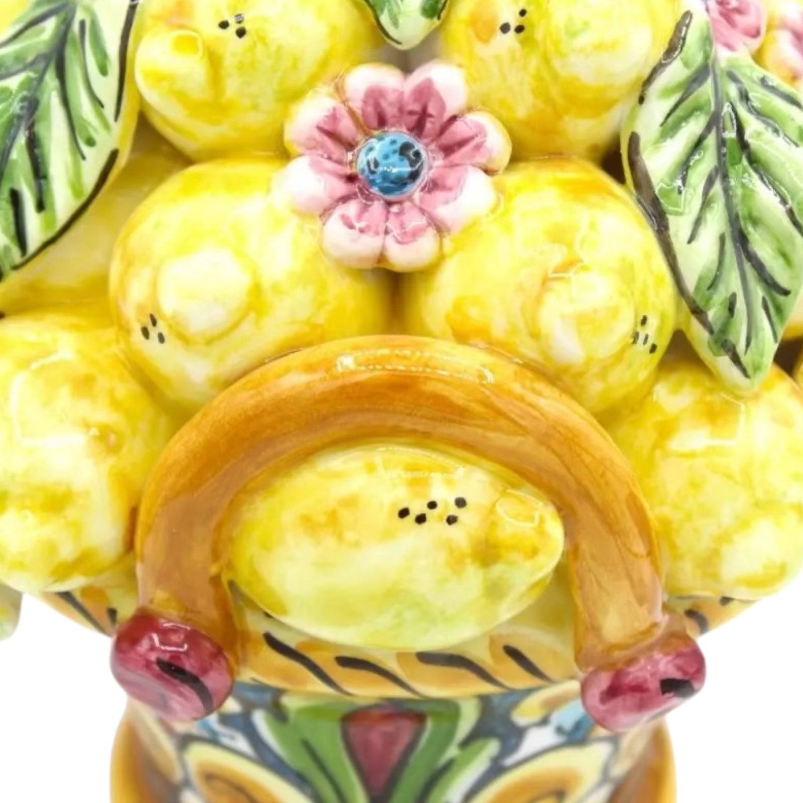 Caltagirone Ceramic Centerpiece Basket, h approx. 20 cm. Multi-decoration with Application of Lemons, Flowers and Leaves