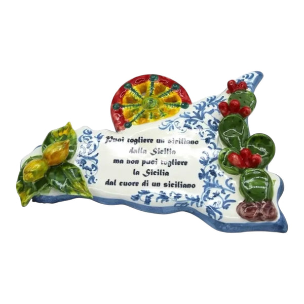 Ceramic Sicily with Phrase, L 20 x 14 cm approx. Applications of Fruit, Sicilian Cart Wheel