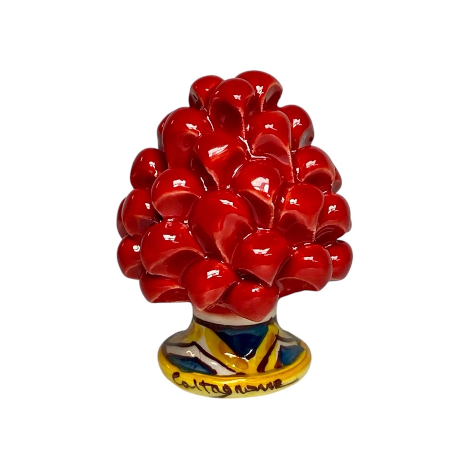 Pine Cone in Fine Caltagirone Ceramic, Red With Decorated Stem height 9 cm