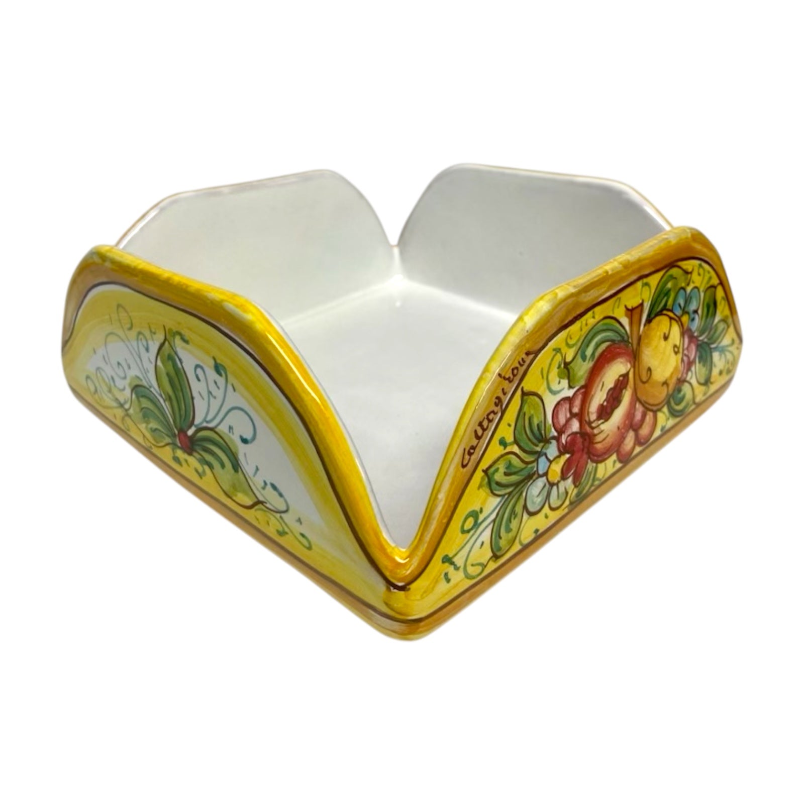 Caltagirone Ceramic Ladle Holder or Napkin Holder, Fruit  and flower Decoration