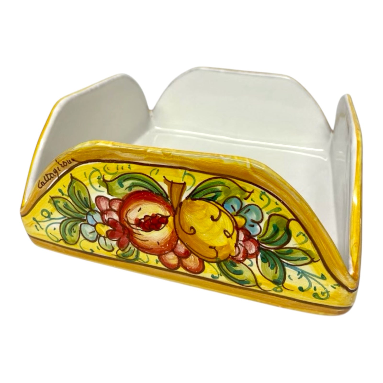 Caltagirone Ceramic Ladle Holder or Napkin Holder, Fruit  and flower Decoration