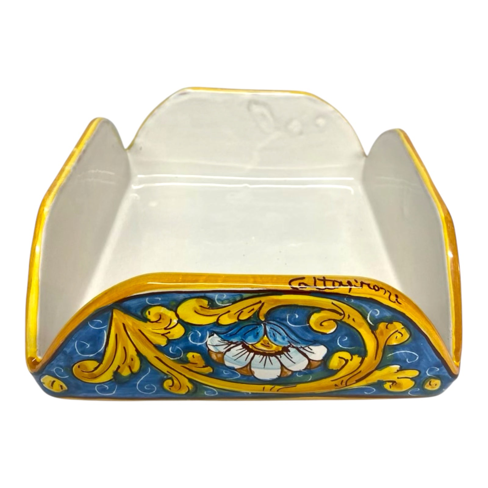 Caltagirone Ceramic Ladle Holder or Napkin Holder, Flower Decoration