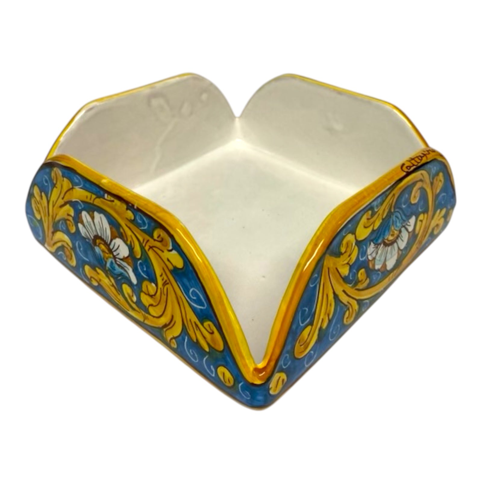 Caltagirone Ceramic Ladle Holder or Napkin Holder, Flower Decoration