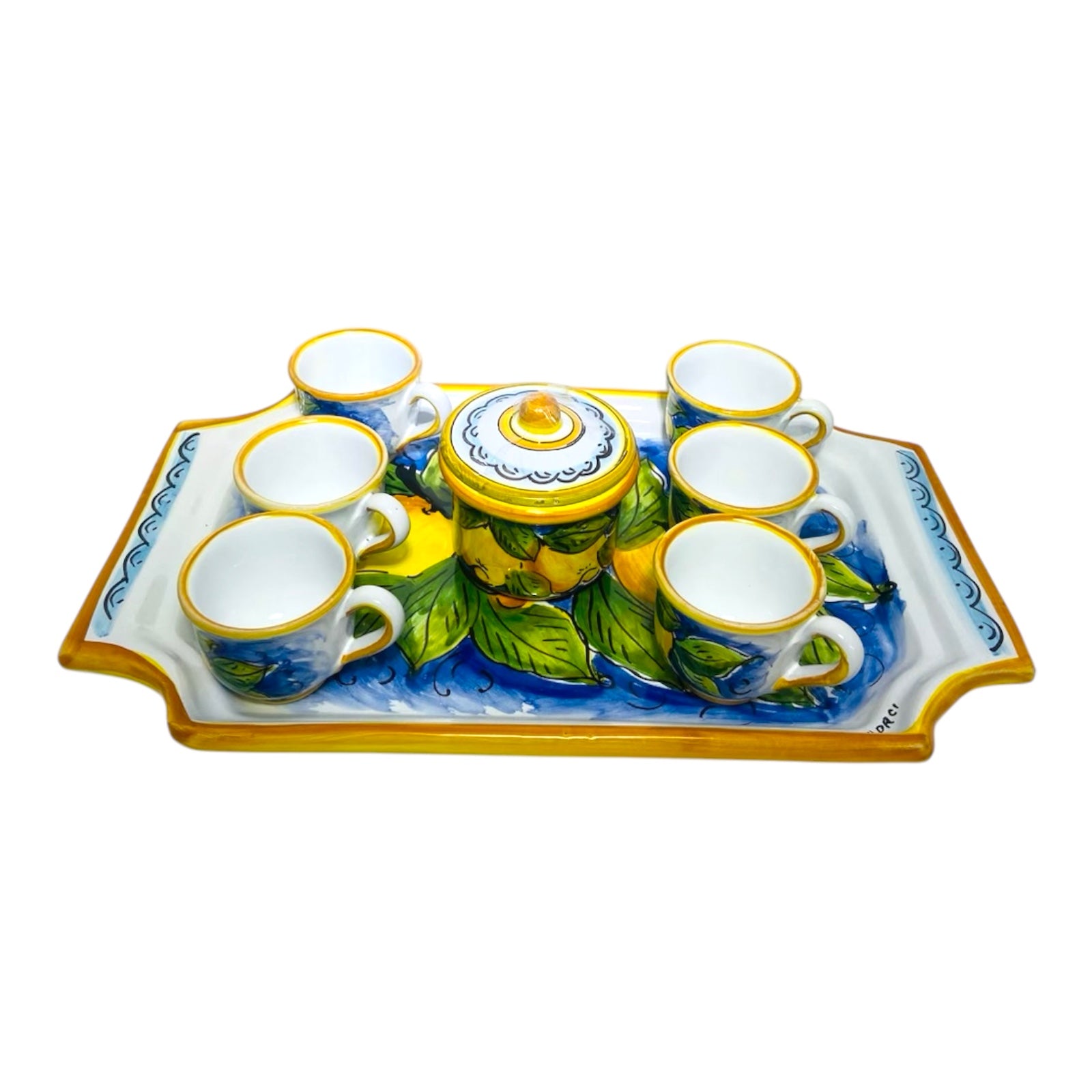 Coffee set for 6 people in Sicilian ceramic with Lemons and Leaves decoration