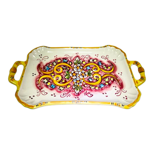 Rectangular Tray With Handles, Serving plate with pink and yellow and leaves decoration – 37×20 cm