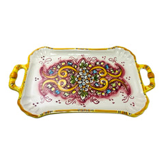 Rectangular Tray With Handles, Serving plate with pink and yellow and leaves decoration – 37×20 cm