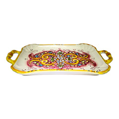 Rectangular Tray With Handles, Serving plate with pink and yellow and leaves decoration – 37×20 cm