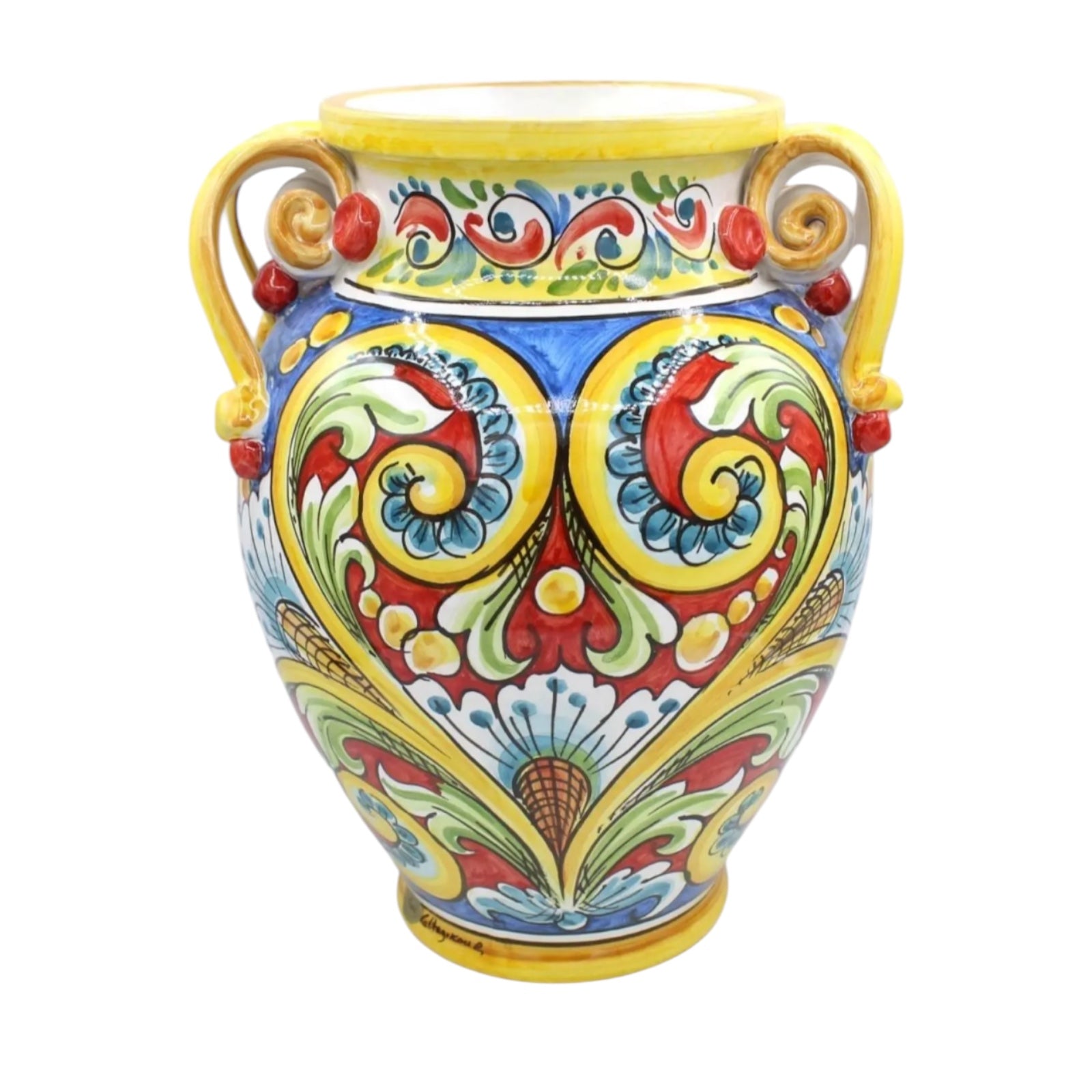 Rounded Vase with Four Handles, Caltagirone Ceramic, h 36 x l 27 cm approx. multicolored baroque decoration