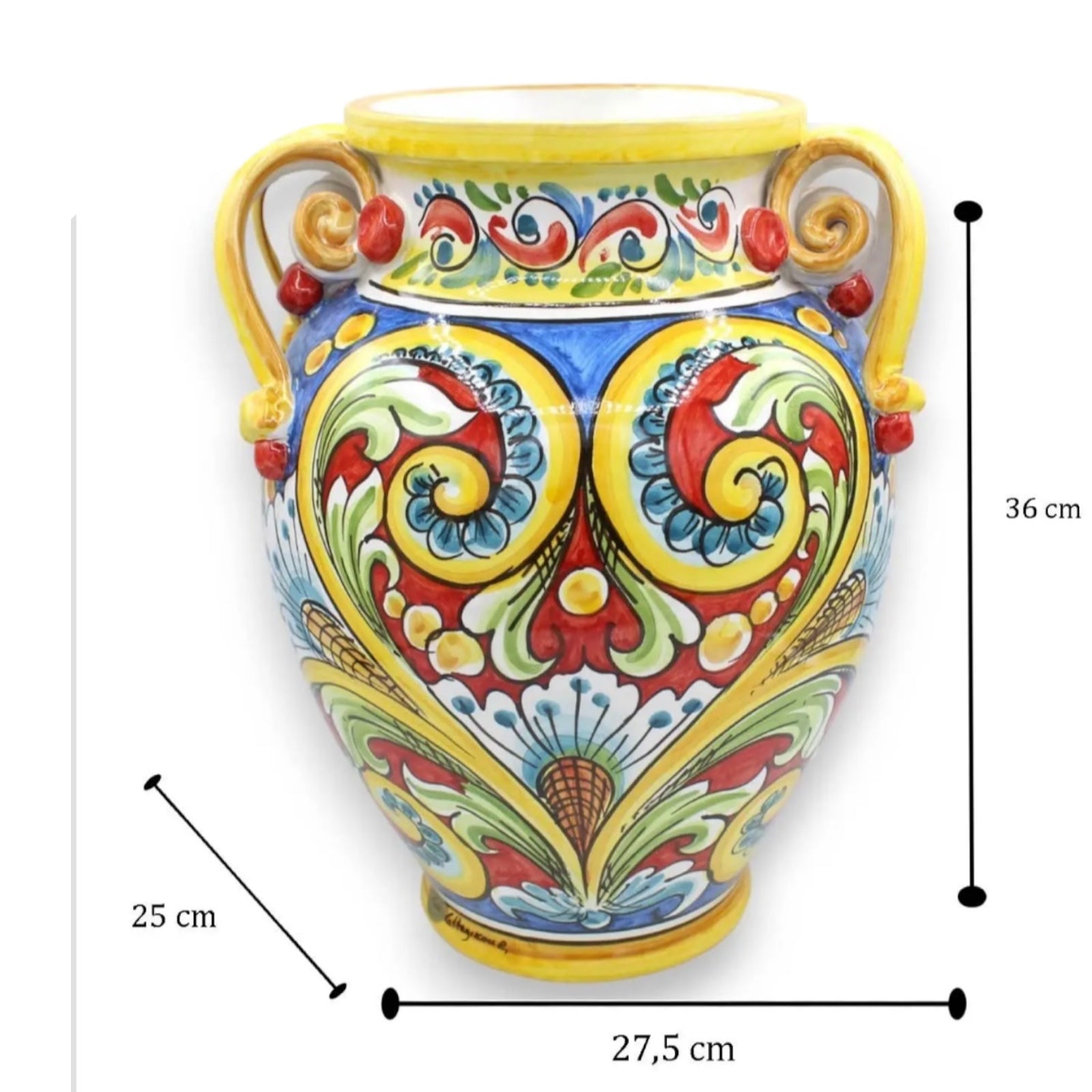 Rounded Vase with Four Handles, Caltagirone Ceramic, h 36 x l 27 cm approx. multicolored baroque decoration